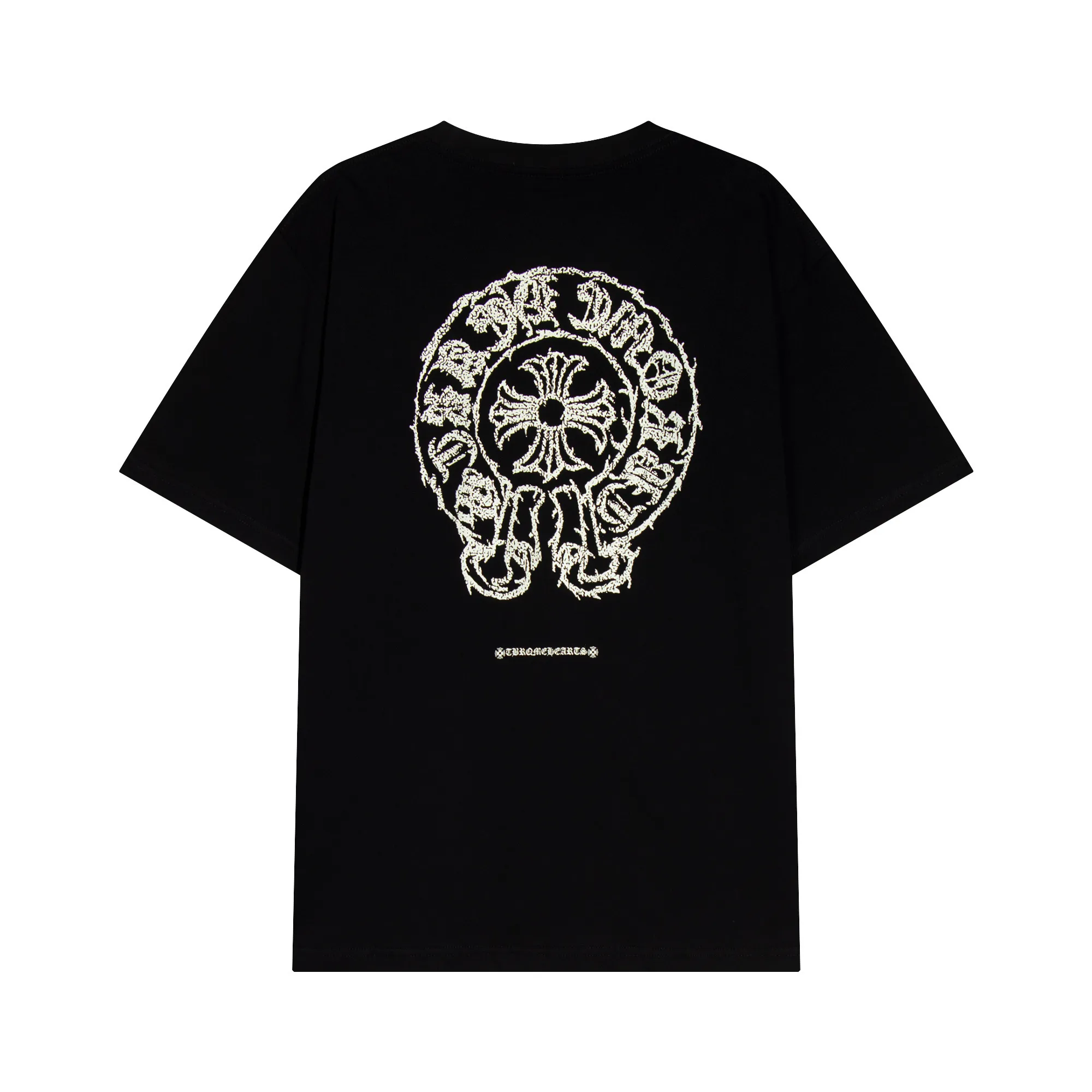 P150 Chrome Hearts Chrome Hearts Sanskrit Horseshoe Cross Short Sleeve Size: SMLXL Color: Black Apricot